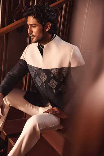 Shop Jorah Men Ivory Silk, Cotton, Viscose Embroidery And Bandhgala Set Online at Aza Fashions Shop_Jorah Men_Ivory Silk, Cotton, Viscose Embroidery And Bandhgala Set _Online_at_Aza_Fashions