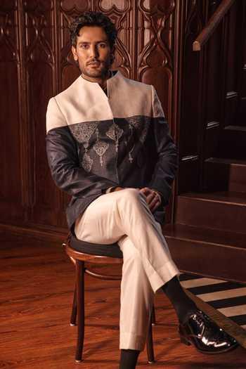 Jorah Men Ivory Silk, Cotton, Viscose Embroidery And Bandhgala Set at Aza Fashions Jorah Men_Ivory Silk, Cotton, Viscose Embroidery And Bandhgala Set _at_Aza_Fashions