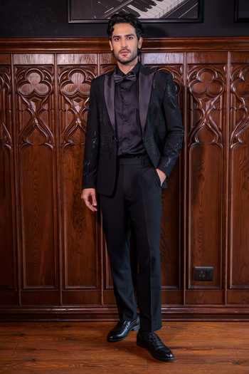 Jorah Men_Black Viscose, Cotton Embroidered Blazer Set _Online_at_Aza_Fashions