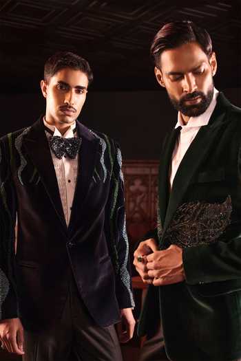 Buy Jorah Men Blue Velvet, Cotton, Viscose Hand Embroidered Jacket Set Online at Aza Fashions Buy_Jorah Men_Blue Velvet, Cotton, Viscose Hand Embroidered Jacket Set _Online_at_Aza_Fashions