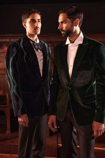 Jorah Men Blue Velvet, Cotton, Viscose Hand Embroidered Jacket Set at Aza Fashions Jorah Men_Blue Velvet, Cotton, Viscose Hand Embroidered Jacket Set _at_Aza_Fashions