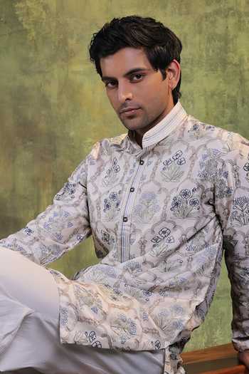 Buy Jorah Men Ivory Chanderi, Cotton Floral Embroidered Kurta Set Online at Aza Fashions Buy_Jorah Men_Ivory Chanderi, Cotton Floral Embroidered Kurta Set _Online_at_Aza_Fashions