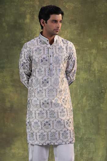 Jorah Men Ivory Chanderi, Cotton Floral Embroidered Kurta Set at Aza Fashions Jorah Men_Ivory Chanderi, Cotton Floral Embroidered Kurta Set _at_Aza_Fashions