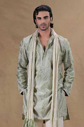 Shop Jorah Men Green Silk, Twill Paisley Embroidered Kurta Set Online at Aza Fashions Shop_Jorah Men_Green Silk, Twill Paisley Embroidered Kurta Set _Online_at_Aza_Fashions