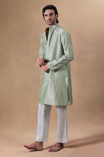 Jorah Men Green Chanderi, Cotton Hand Embroidered Kurta Set Online at Aza Fashions Jorah Men_Green Chanderi, Cotton Hand Embroidered Kurta Set _Online_at_Aza_Fashions