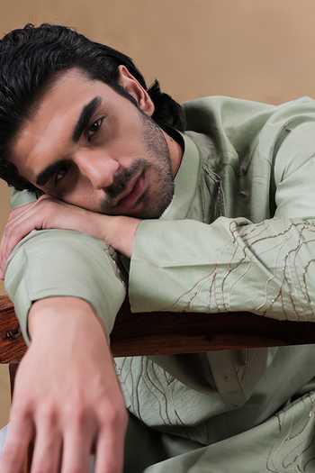 Shop Jorah Men Green Chanderi, Cotton Hand Embroidered Kurta Set Online at Aza Fashions Shop_Jorah Men_Green Chanderi, Cotton Hand Embroidered Kurta Set _Online_at_Aza_Fashions