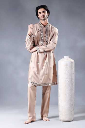 Jorah Men Beige Chanderi, Cotton Mirror Work Kurta Set Online at Aza Fashions Jorah Men_Beige Chanderi, Cotton Mirror Work Kurta Set _Online_at_Aza_Fashions