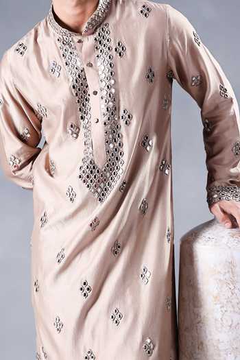 Shop Jorah Men Beige Chanderi, Cotton Mirror Work Kurta Set Online at Aza Fashions Shop_Jorah Men_Beige Chanderi, Cotton Mirror Work Kurta Set _Online_at_Aza_Fashions