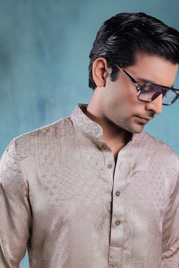 Shop Jorah Men Beige Crepe Plain Kurta And Pant Set Online at Aza Fashions Shop_Jorah Men_Beige Crepe Plain Kurta And Pant Set _Online_at_Aza_Fashions