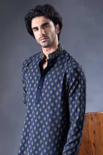 Jorah Men Blue Twill Geometric Motif Kurta And Pant Set Online at Aza Fashions Jorah Men_Blue Twill Geometric Motif Kurta And Pant Set _Online_at_Aza_Fashions