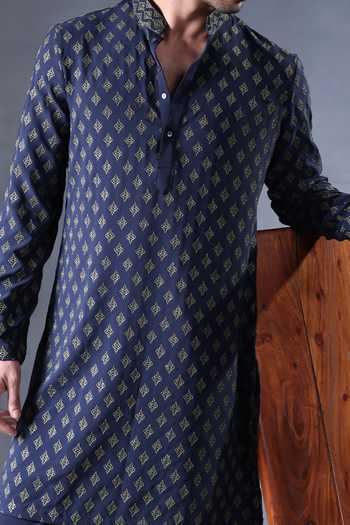 Buy Jorah Men Blue Twill Geometric Motif Kurta And Pant Set Online at Aza Fashions Buy_Jorah Men_Blue Twill Geometric Motif Kurta And Pant Set _Online_at_Aza_Fashions