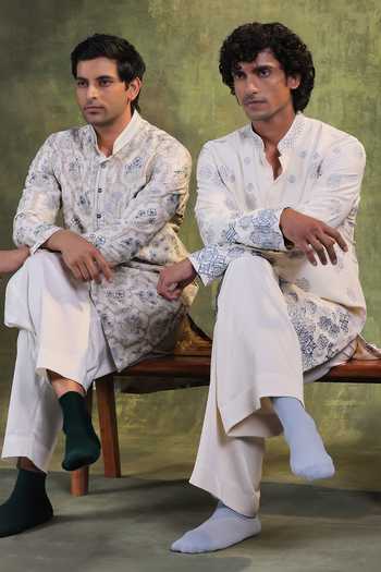 Jorah Men Ivory Twill Embroidered Kurta And Pant Set at Aza Fashions Jorah Men_Ivory Twill Embroidered Kurta And Pant Set _at_Aza_Fashions