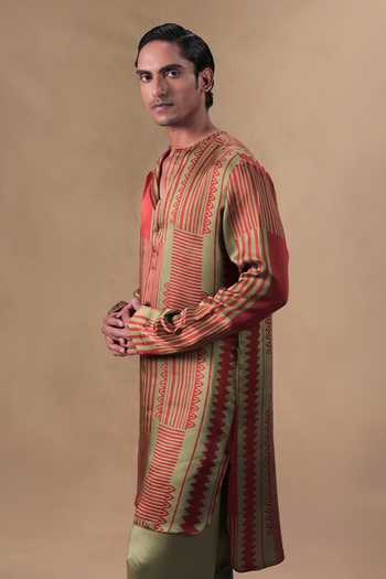 Jorah Men Orange Silk , Cotton Printed Kurta Set Online at Aza Fashions Jorah Men_Orange Silk , Cotton Printed Kurta Set _Online_at_Aza_Fashions