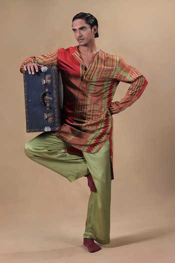 Shop Jorah Men Orange Silk , Cotton Printed Kurta Set Online at Aza Fashions Shop_Jorah Men_Orange Silk , Cotton Printed Kurta Set _Online_at_Aza_Fashions