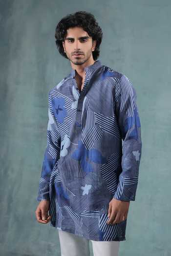 Jorah Men Blue Silk, Cotton Printed Kurta Set Online at Aza Fashions Jorah Men_Blue Silk, Cotton Printed Kurta Set _Online_at_Aza_Fashions