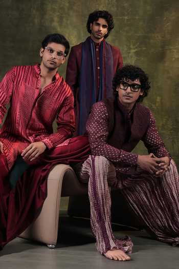 Shop Jorah Men Wine Viscose, Dupion, Chanderi, Silk Pearl Work Nehru Jacket Set Online at Aza Fashions Shop_Jorah Men_Wine Viscose, Dupion, Chanderi, Silk Pearl Work Nehru Jacket Set _Online_at_Aza_Fashions