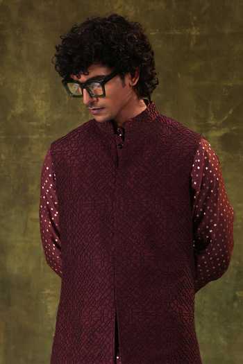 Jorah Men Wine Viscose, Dupion, Chanderi, Silk Pearl Work Nehru Jacket Set at Aza Fashions Jorah Men_Wine Viscose, Dupion, Chanderi, Silk Pearl Work Nehru Jacket Set _at_Aza_Fashions