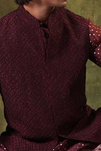 Buy Jorah Men Wine Viscose, Dupion, Chanderi, Silk Pearl Work Nehru Jacket Set Buy_Jorah Men_Wine Viscose, Dupion, Chanderi, Silk Pearl Work Nehru Jacket Set