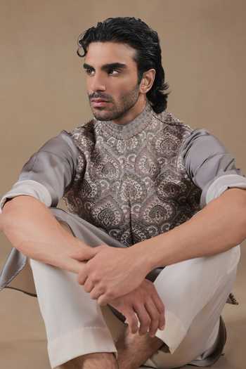 Jorah Men Grey Twill, Satin Embroidered Nehru Jacket Set Online at Aza Fashions Jorah Men_Grey Twill, Satin Embroidered Nehru Jacket Set _Online_at_Aza_Fashions