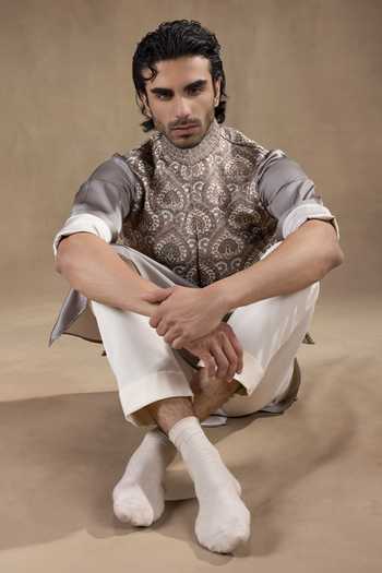 Shop Jorah Men Grey Twill, Satin Embroidered Nehru Jacket Set Online at Aza Fashions Shop_Jorah Men_Grey Twill, Satin Embroidered Nehru Jacket Set _Online_at_Aza_Fashions