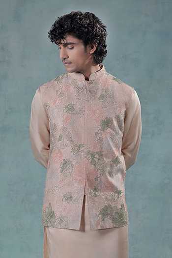 Buy Jorah Men Peach Viscose, Dupion, Cotton Satin, Crepe Abstract Pattern Nehru Jacket Set Online at Aza Fashions Buy_Jorah Men_Peach Viscose, Dupion, Cotton Satin, Crepe Abstract Pattern Nehru Jacket Set _Online_at_Aza_Fashions