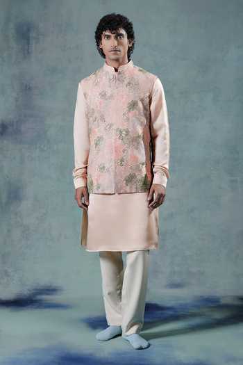 Shop Jorah Men Peach Viscose, Dupion, Cotton Satin, Crepe Abstract Pattern Nehru Jacket Set Online at Aza Fashions Shop_Jorah Men_Peach Viscose, Dupion, Cotton Satin, Crepe Abstract Pattern Nehru Jacket Set _Online_at_Aza_Fashions
