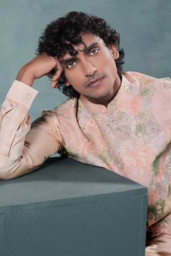 Jorah Men Peach Viscose, Dupion, Cotton Satin, Crepe Abstract Pattern Nehru Jacket Set at Aza Fashions Jorah Men_Peach Viscose, Dupion, Cotton Satin, Crepe Abstract Pattern Nehru Jacket Set _at_Aza_Fashions