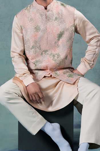 Shop Jorah Men Peach Viscose, Dupion, Cotton Satin, Crepe Abstract Pattern Nehru Jacket Set Shop_Jorah Men_Peach Viscose, Dupion, Cotton Satin, Crepe Abstract Pattern Nehru Jacket Set