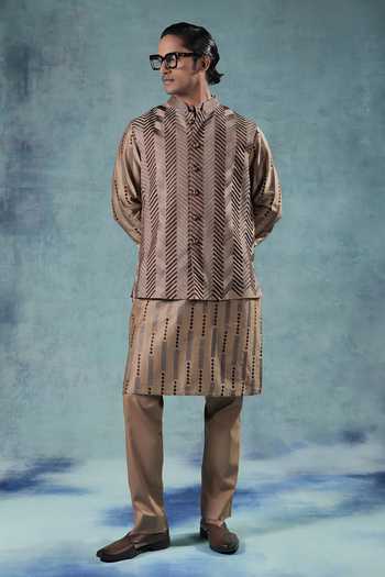 Shop Jorah Men Beige Viscose, Dupion, Chanderi, Cotton Herringbone Pattern Nehru Jacket Set Online at Aza Fashions Shop_Jorah Men_Beige Viscose, Dupion, Chanderi, Cotton Herringbone Pattern Nehru Jacket Set _Online_at_Aza_Fashions