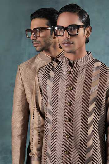 Jorah Men Beige Viscose, Dupion, Chanderi, Cotton Herringbone Pattern Nehru Jacket Set at Aza Fashions Jorah Men_Beige Viscose, Dupion, Chanderi, Cotton Herringbone Pattern Nehru Jacket Set _at_Aza_Fashions