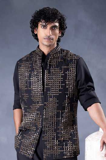 Shop Jorah Men Black Crepe Embroidered Nehru Jacket Set Online at Aza Fashions Shop_Jorah Men_Black Crepe Embroidered Nehru Jacket Set _Online_at_Aza_Fashions