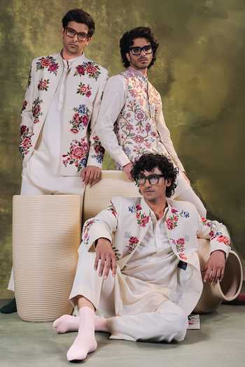Shop Jorah Men Ivory Silk, Satin, Twill Floral Embroidered Jacket And Kurta Set Online at Aza Fashions Shop_Jorah Men_Ivory Silk, Satin, Twill Floral Embroidered Jacket And Kurta Set _Online_at_Aza_Fashions