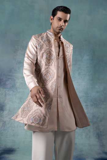 Jorah Men Peach Viscose, Dupion, Satin, Crepe Embroidered Jacket And Kurta Set Online at Aza Fashions Jorah Men_Peach Viscose, Dupion, Satin, Crepe Embroidered Jacket And Kurta Set _Online_at_Aza_Fashions