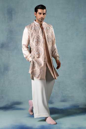 Buy Jorah Men Peach Viscose, Dupion, Satin, Crepe Embroidered Jacket And Kurta Set Online at Aza Fashions Buy_Jorah Men_Peach Viscose, Dupion, Satin, Crepe Embroidered Jacket And Kurta Set _Online_at_Aza_Fashions