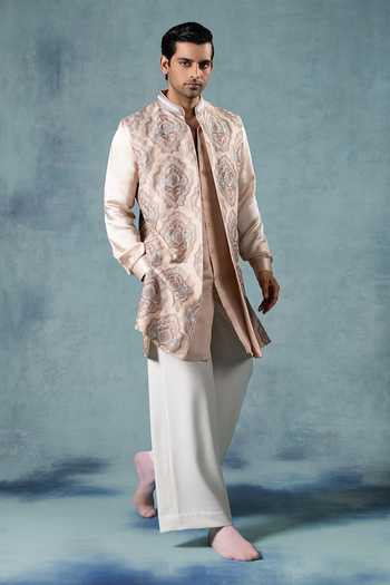 Shop Jorah Men Peach Viscose, Dupion, Satin, Crepe Embroidered Jacket And Kurta Set Online at Aza Fashions Shop_Jorah Men_Peach Viscose, Dupion, Satin, Crepe Embroidered Jacket And Kurta Set _Online_at_Aza_Fashions