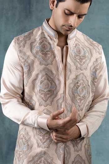 Jorah Men Peach Viscose, Dupion, Satin, Crepe Embroidered Jacket And Kurta Set at Aza Fashions Jorah Men_Peach Viscose, Dupion, Satin, Crepe Embroidered Jacket And Kurta Set _at_Aza_Fashions