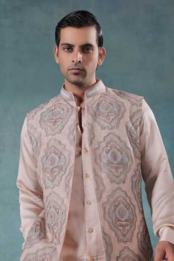 Buy Jorah Men Peach Viscose, Dupion, Satin, Crepe Embroidered Jacket And Kurta Set Buy_Jorah Men_Peach Viscose, Dupion, Satin, Crepe Embroidered Jacket And Kurta Set
