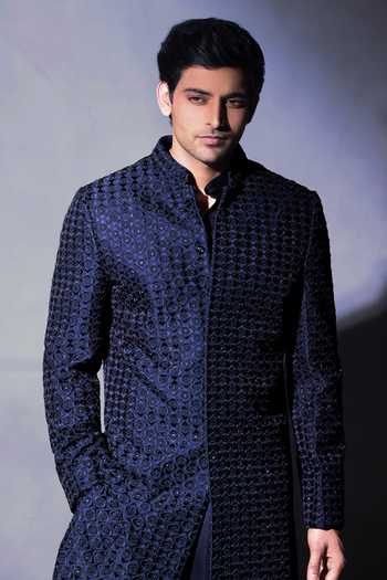 Shop Jorah Men Blue Viscose, Dupion, Satin, Crepe Hand Embroidered Jacket And Kurta Set Online at Aza Fashions Shop_Jorah Men_Blue Viscose, Dupion, Satin, Crepe Hand Embroidered Jacket And Kurta Set _Online_at_Aza_Fashions