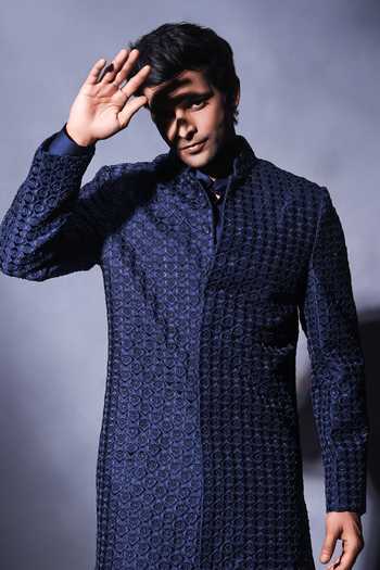 Jorah Men Blue Viscose, Dupion, Satin, Crepe Hand Embroidered Jacket And Kurta Set at Aza Fashions Jorah Men_Blue Viscose, Dupion, Satin, Crepe Hand Embroidered Jacket And Kurta Set _at_Aza_Fashions