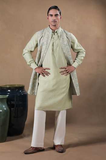 Buy Jorah Men Green Chanderi, Crepe, Pashmina Embroidery, Metallic Thread Bundi And Kurta Set Online at Aza Fashions Buy_Jorah Men_Green Chanderi, Crepe, Pashmina Embroidery, Metallic Thread Bundi And Kurta Set _Online_at_Aza_Fashions