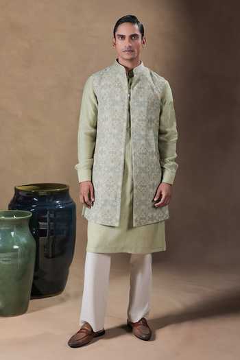 Shop Jorah Men Green Chanderi, Crepe, Pashmina Embroidery, Metallic Thread Bundi And Kurta Set Online at Aza Fashions Shop_Jorah Men_Green Chanderi, Crepe, Pashmina Embroidery, Metallic Thread Bundi And Kurta Set _Online_at_Aza_Fashions