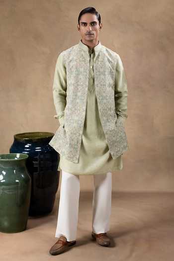 Jorah Men Green Chanderi, Crepe, Pashmina Embroidery, Metallic Thread Bundi And Kurta Set at Aza Fashions Jorah Men_Green Chanderi, Crepe, Pashmina Embroidery, Metallic Thread Bundi And Kurta Set _at_Aza_Fashions