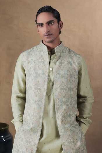 Buy Jorah Men Green Chanderi, Crepe, Pashmina Embroidery, Metallic Thread Bundi And Kurta Set Buy_Jorah Men_Green Chanderi, Crepe, Pashmina Embroidery, Metallic Thread Bundi And Kurta Set