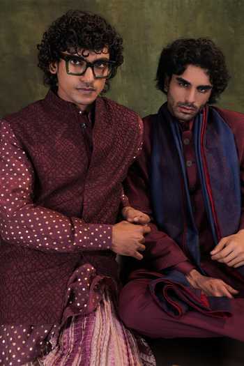 Buy Jorah Men Wine Viscose, Dupion, Satin, Cotton, Silk Embroidered Jacket And Kurta Set Buy_Jorah Men_Wine Viscose, Dupion, Satin, Cotton, Silk Embroidered Jacket And Kurta Set