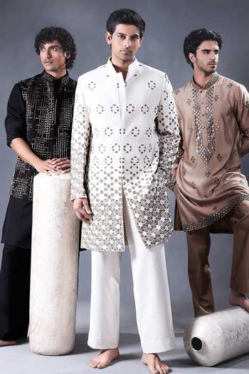 Jorah Men Ivory Crepe Hand Embroidered Jacket Set at Aza Fashions Jorah Men_Ivory Crepe Hand Embroidered Jacket Set _at_Aza_Fashions