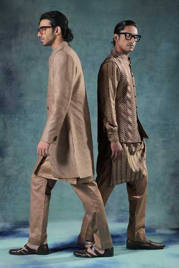 Jorah Men Beige Satin, Cotton, Viscose, Dupion Abstract Pattern Sherwani Set Online at Aza Fashions Jorah Men_Beige Satin, Cotton, Viscose, Dupion Abstract Pattern Sherwani Set _Online_at_Aza_Fashions