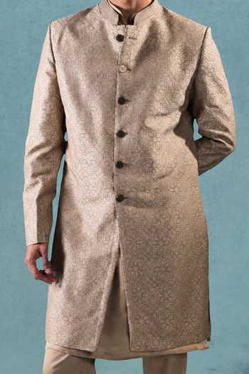 Shop Jorah Men Beige Satin, Cotton, Viscose, Dupion Abstract Pattern Sherwani Set Online at Aza Fashions Shop_Jorah Men_Beige Satin, Cotton, Viscose, Dupion Abstract Pattern Sherwani Set _Online_at_Aza_Fashions