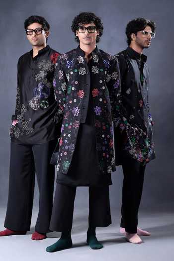 Buy Jorah Men Black Satin, Crepe, Twill, Viscose, Dupion Embroidered Sherwani Set Online at Aza Fashions Buy_Jorah Men_Black Satin, Crepe, Twill, Viscose, Dupion Embroidered Sherwani Set _Online_at_Aza_Fashions