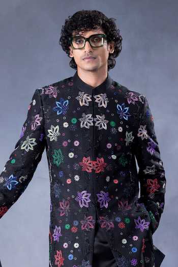 Shop Jorah Men Black Satin, Crepe, Twill, Viscose, Dupion Embroidered Sherwani Set Online at Aza Fashions Shop_Jorah Men_Black Satin, Crepe, Twill, Viscose, Dupion Embroidered Sherwani Set _Online_at_Aza_Fashions