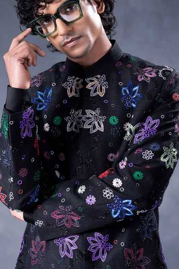 Jorah Men Black Satin, Crepe, Twill, Viscose, Dupion Embroidered Sherwani Set at Aza Fashions Jorah Men_Black Satin, Crepe, Twill, Viscose, Dupion Embroidered Sherwani Set _at_Aza_Fashions